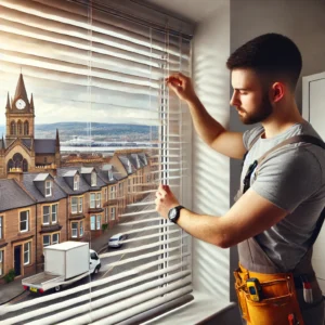 Professional Handyman Installing Blinds In A Modern Home In Paisley, Scotland. The Handyman Is Dressed In Work Overalls, Carefully Measuring And Securing blinds