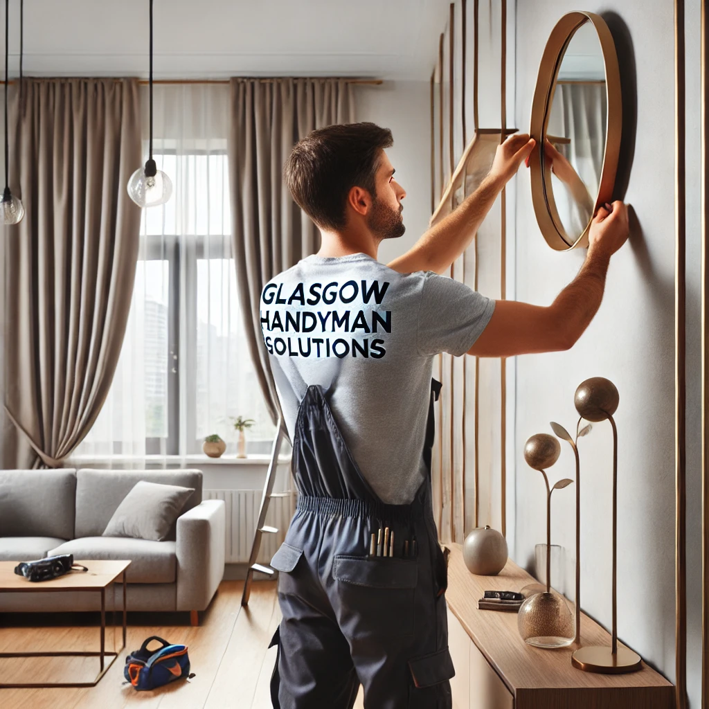 A Professional Handyman From 'glasgow Handyman Solutions' Installing Decorative Elements In A Modern Home. The Handyman Is Mounting A Stylish Mirror