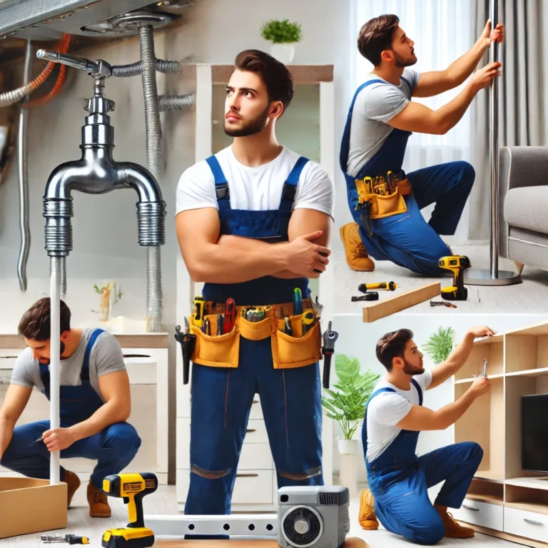 Handyman carrying out joinery tasks including door fitting, shelving, and wood repairs