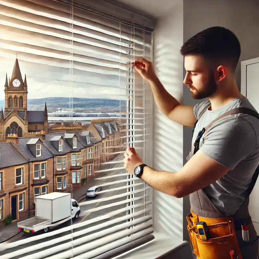 a professional handyman installing blinds in a modern home in paisley,