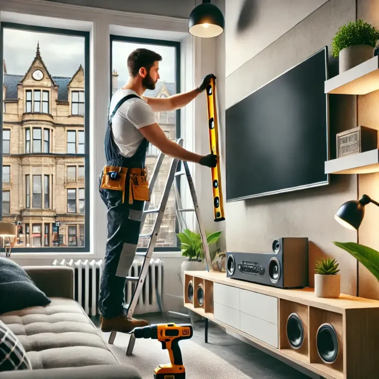 a professional handyman mounting a flat screen tv on a wall
