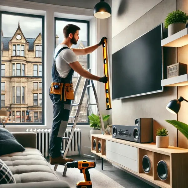 a professional handyman mounting a flat screen tv on a wall in a stylish living room in Andeston.