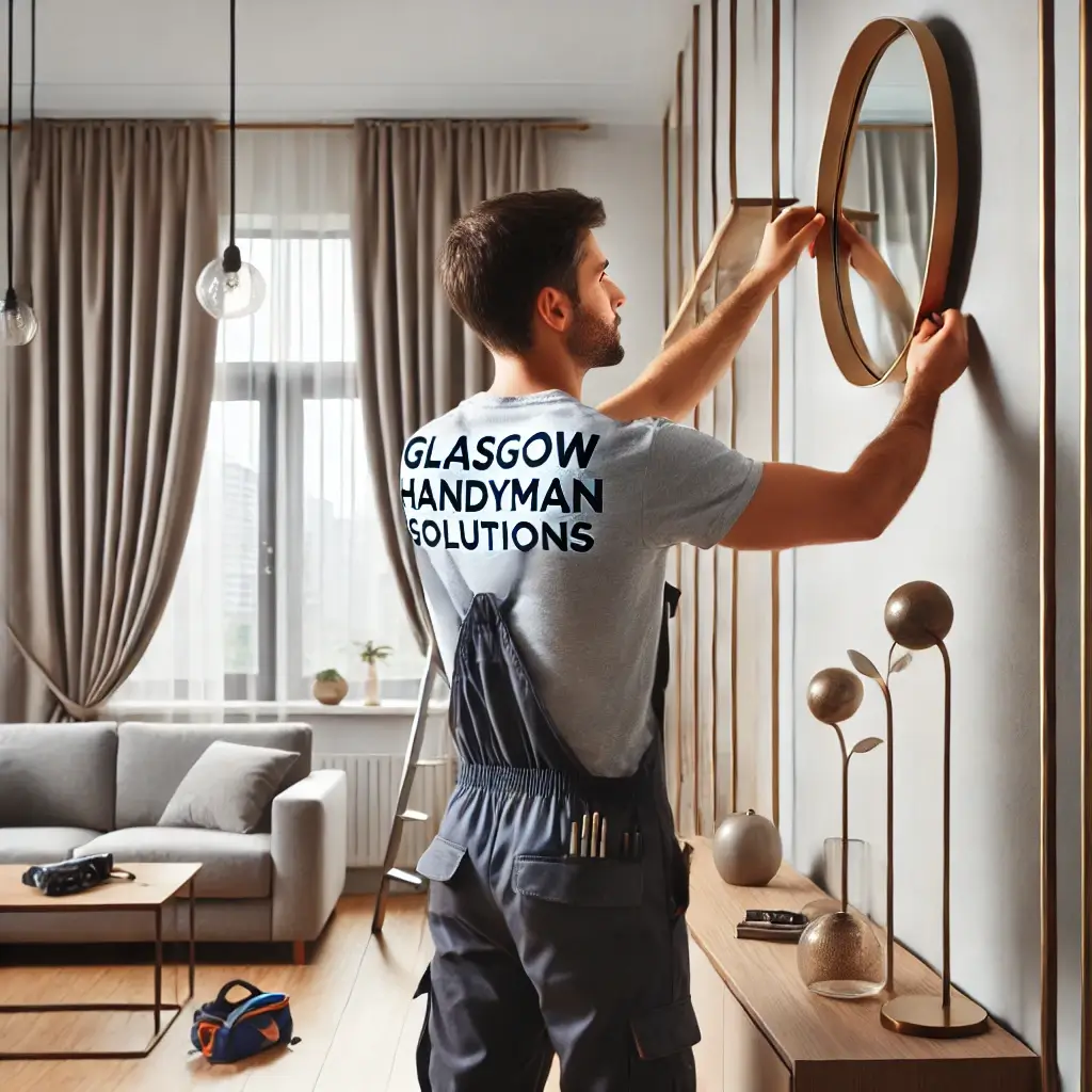odd job handyman installing circular mirror