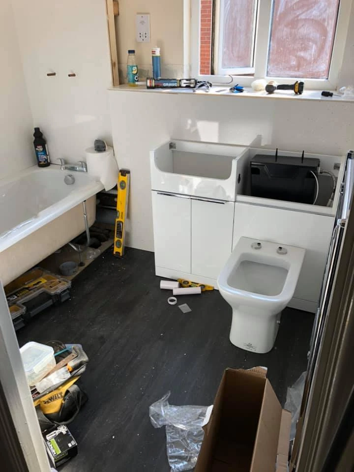 Full bathroom refurb from bath kitchen sink vanity units wc and toilet seat