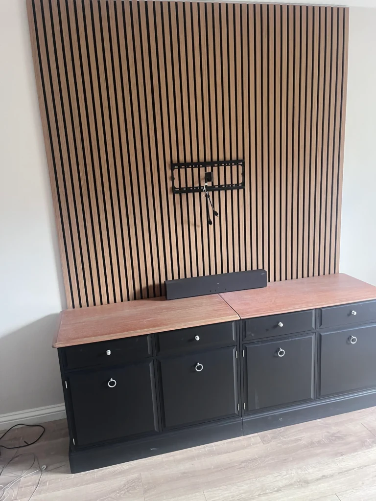 Tv Bracket inserted onto media wall with wires through the plasterboard wall Giffnock area